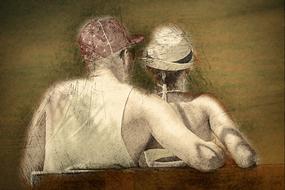 young couple in love sitting on bench, back view