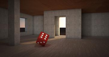 red dice in empty interior, render