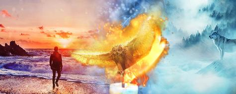 Hope Owl fire and man and wolf as a fantasy illustration