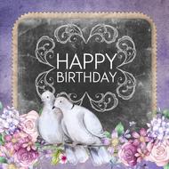 Beautiful "Happy Birthday' sign on the blackboard, colorful flowers and white doves on the branch, clipart