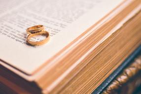 Beautiful , shiny wedding rings on the open book