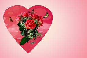 Beautiful, red rose flowers in the bouquet, among the butterflies, in the red heart, at pink background, clipart