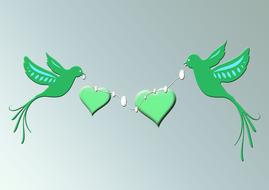 green birds with hearts as romantic banner