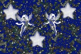 Beautiful, white, flying angels and stars, at background with colorful space, clipart