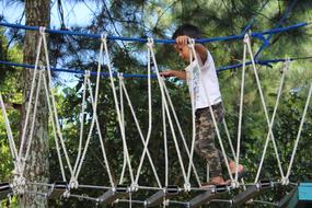 child on a rope bridge in the forest