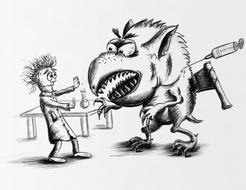 Black and white drawing of a scientist and monster in a laboratory, clipart