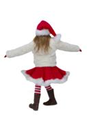 Back view of the blonde girl in red and white Christmas Santa hat and costume