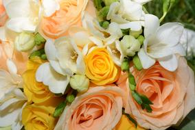 Beautiful bouquet with colorful flowers and leaves