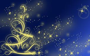 Beautiful Christmas background with gold Christmas tree and lights, at blue background, clipart