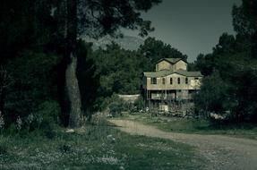 distant view of the haunted house among the trees