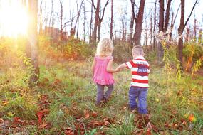 small child Boy and Girl walking Holding Hands in park