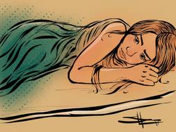 Colorful and beautiful drawing of the laying, sad girl, clipart