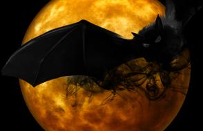 creepy black flying mouse on yellow moon background