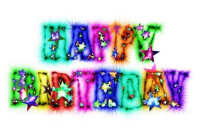 Colorful and beautiful "Happy Birthday" sign with stars and lights, on clipart