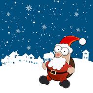 Colorful and beautiful Christmas clipart, with Santa, near the houses, in snow, under the snowflakes, clipart