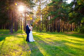 Wedding Bride Groom forest sun