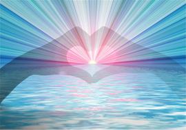 Transparent hands in the beautiful heart shape, at colorful background with rays and water on clipart
