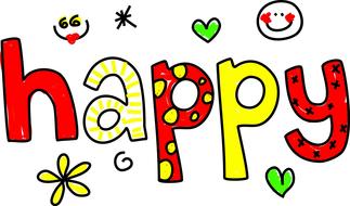 Beautiful drawing of the colorful, patterned "happy" sign, among the decorations, clipart