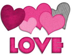 Beautiful, pink "LOVE" sign with purple, pink and grey hearts, on clipart