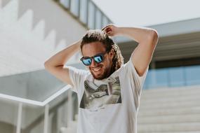 man with sunglasses on Stairs