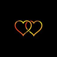 two overlapped golden hearts at black background