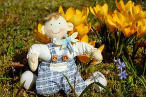 Beautiful, smiling doll near the beautiful yellow crocus and purple flowers