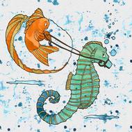 goldfish riding seahorse underwater, drawing