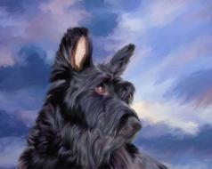 Beautiful painting, with the portrait of the beautiful and cute, furry black dog, at colorful sky on background