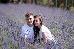 Couple, posing on the field, with the beautiful, purple lavender flowers
