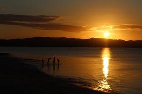 distant view of silhouettes in calm water at sunset