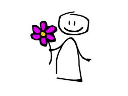 Beautiful drawing of the smiling person, with the purple and yellow flower, at white background, clipart