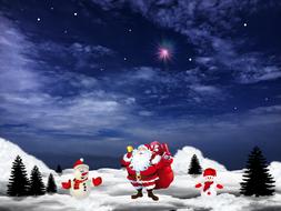 Beautiful and colorful Merry Christmas clipart with Santa Claus, among the snowy trees, under the colorful sky with stars, clipart