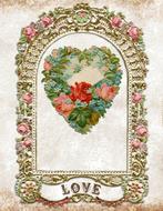 Beautiful and colorful, vintage painting with the plants with flowers in heart shape, in the frame, and with "Love" sign, clipart