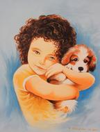 Beautiful and colorful painting of the girl child with curly hair, hugging beautiful and colorful, cute dog, clipart