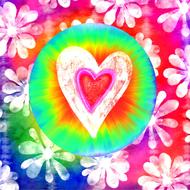 rainbow background, flowers, hearts, balloon