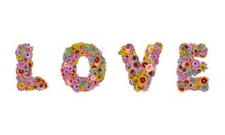 Beautiful "LOVE" sign made of the colorful flowers, at white background, clipart