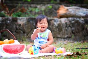 Picnic, fat asian Baby Eating outdoor