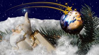 Beautiful and colorful Christmas decorations in snow and Earth globe, at background with space and stars, clipart