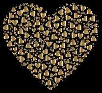 Beautiful, gold heart made of the hearts, at black background, clipart