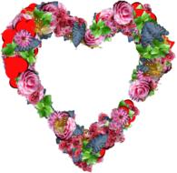 Beautiful and colorful wreath in heart shape, with flowers, green leaves and red hearts, at white background, clipart