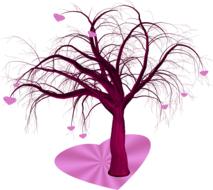 tree with purple hearts on branches, drawing