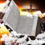 Open Bible, among the clouds, at colorful sunset and Jesus Christ on the cross at background, clipart