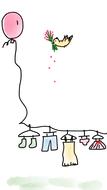 drawing of a balloon next to clothes and birds
