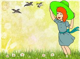girl in garden and birds
