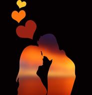 Colorful silhouettes of the couple with hearts, with beautiful sunrise, at black background, clipart