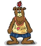 cartoon bear with bird on its head, i love birds