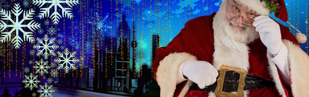 banner with santa claus and stars on city background