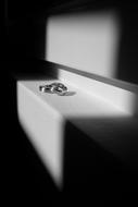 Black and white photo with the close-up of the shiny wedding rings, in light, among the darkness