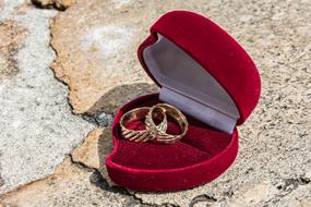 wedding rings in a burgundy box