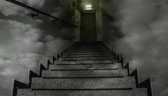 Black and white stairs with light above the door, among the clouds at the walls, clipart